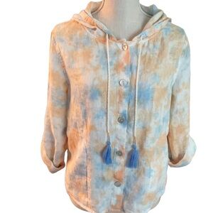 100% Linen Rachel Zoe Hooded Top Orange & Blue Size S Summer Vibe
